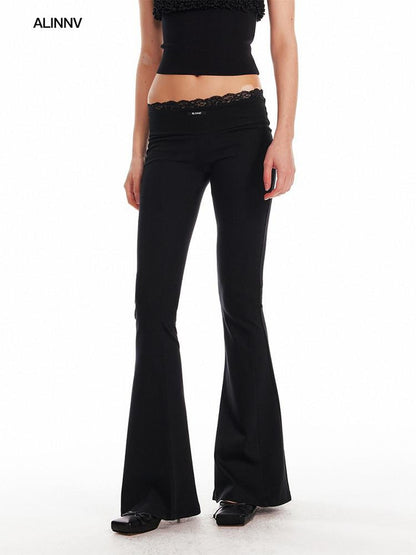 ALINNV Black Lace Splice Low Waist Elastic Slim Women&