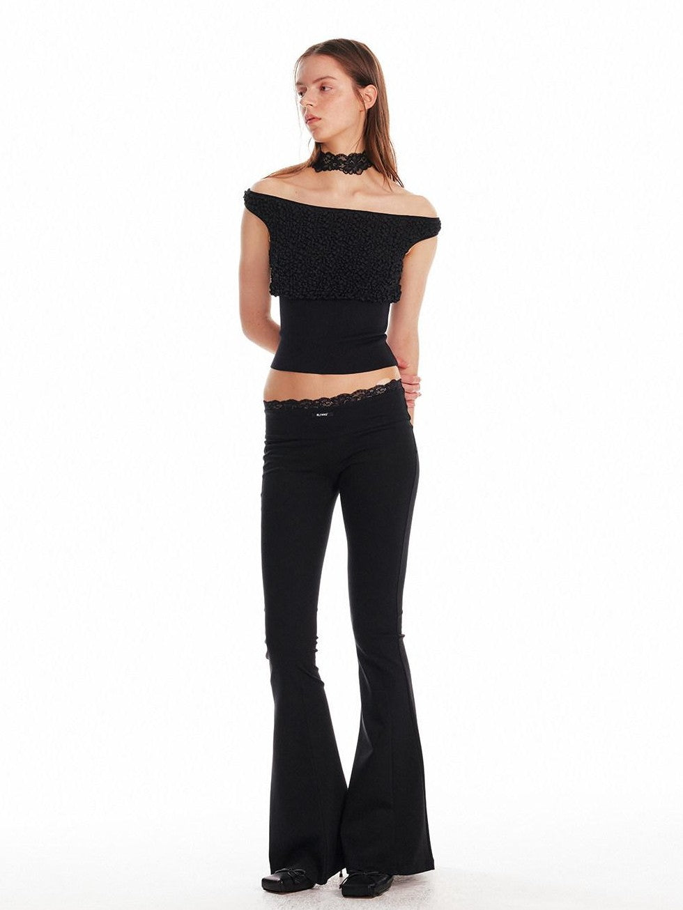 ALINNV Black Lace Splice Low Waist Elastic Slim Women&