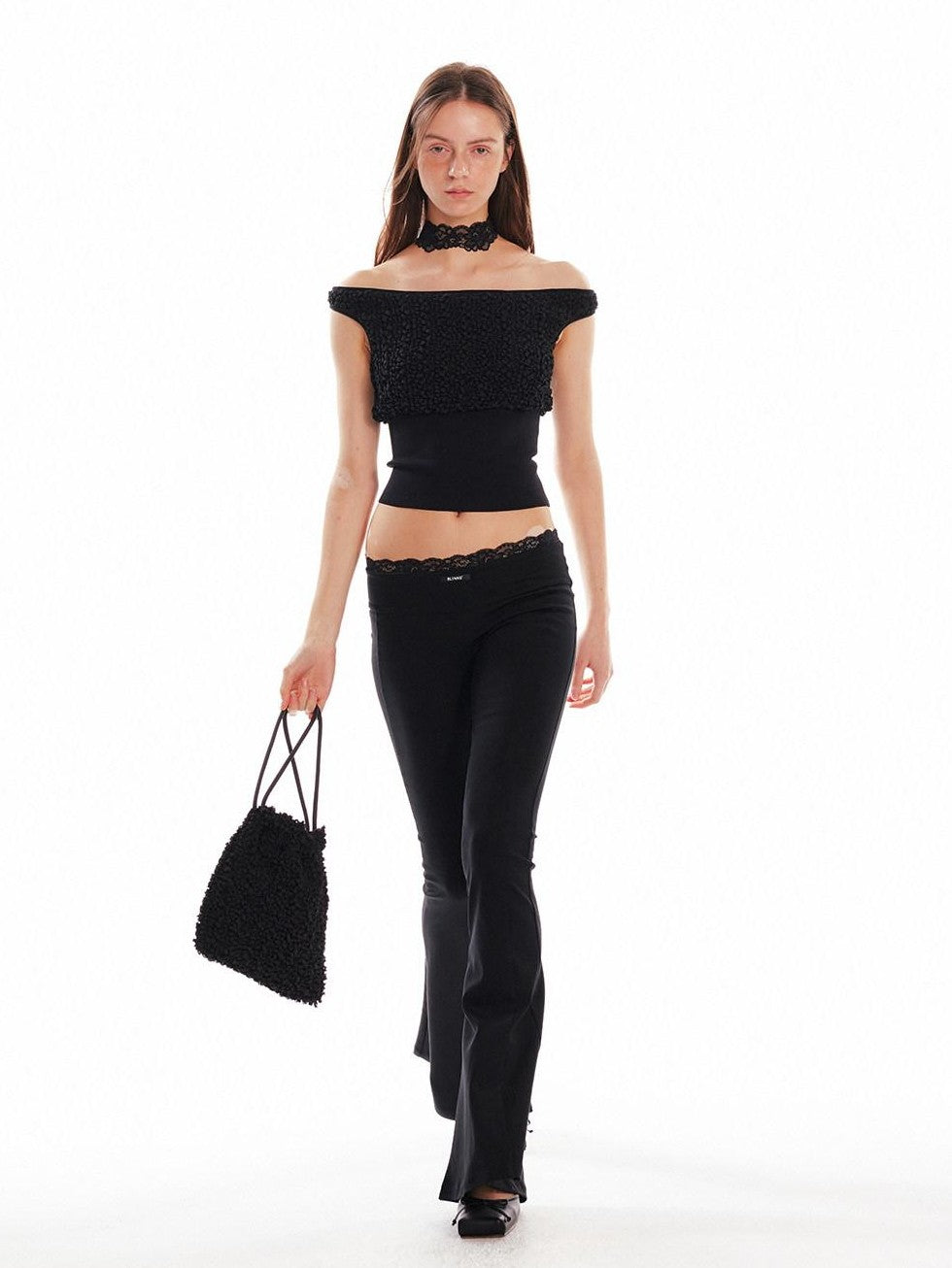 ALINNV Black Lace Splice Low Waist Elastic Slim Women&