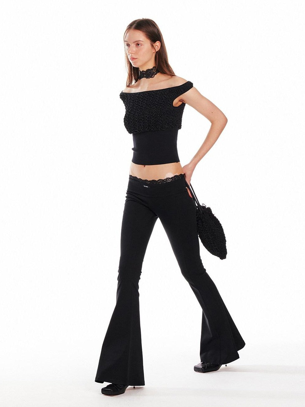ALINNV Black Lace Splice Low Waist Elastic Slim Women&