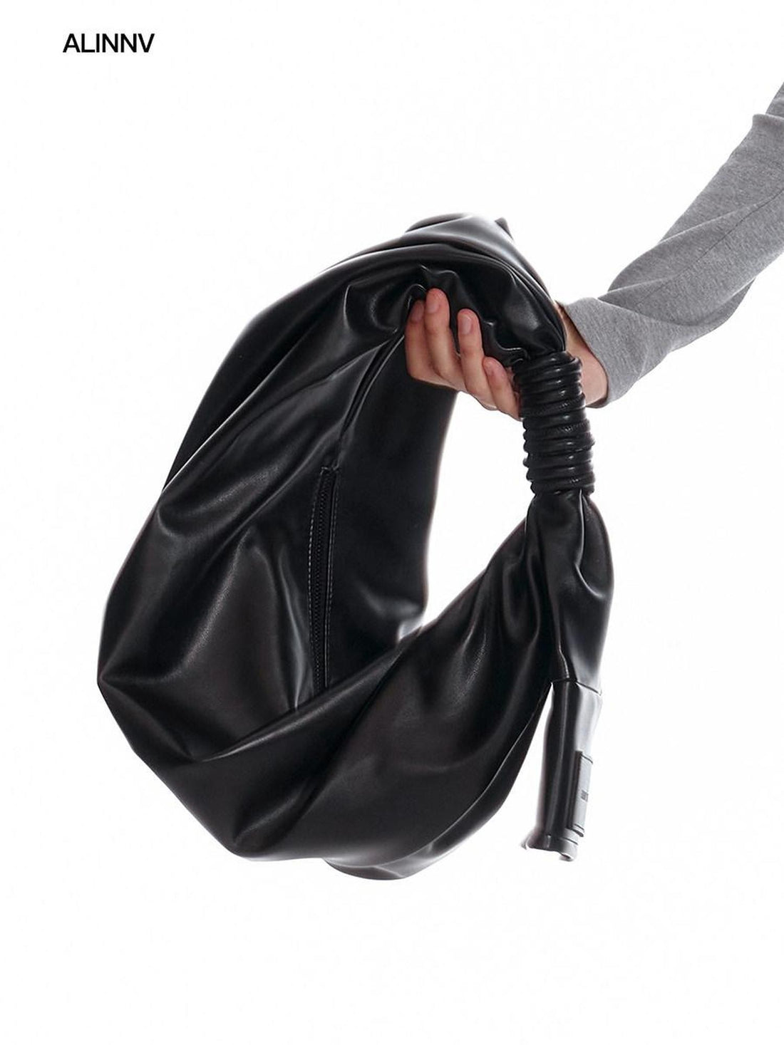 ALINNV Black Pleated Asymmetrical Dumpling Top Handle Women&