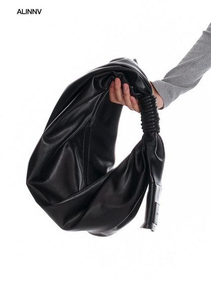 ALINNV Black Pleated Asymmetrical Dumpling Top Handle Women&