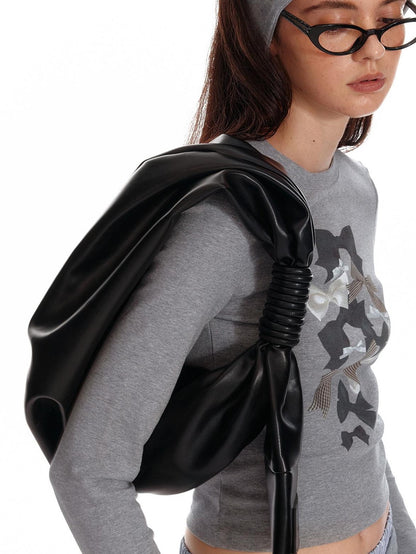 ALINNV Black Pleated Asymmetrical Dumpling Top Handle Women&