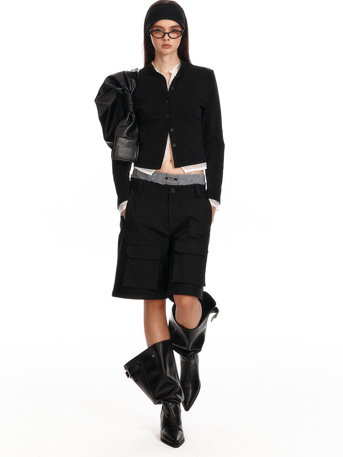ALINNV Black Pleated Asymmetrical Dumpling Top Handle Women&