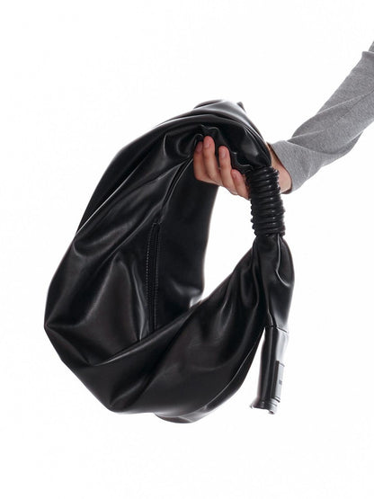 ALINNV Black Pleated Asymmetrical Dumpling Top Handle Women&