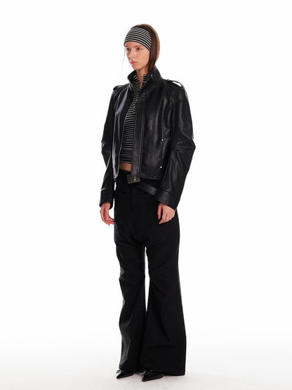 ALINNV Black Studded Stand Collar Slim Fit Pu Women&