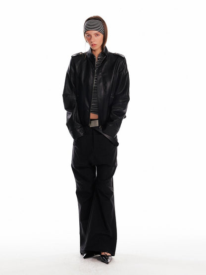 ALINNV Black Studded Stand Collar Slim Fit Pu Women&