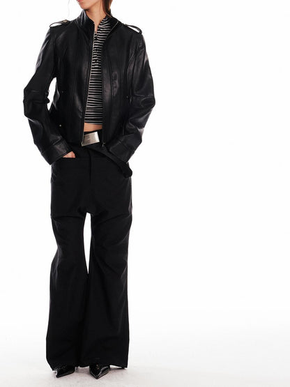 ALINNV Black Studded Stand Collar Slim Fit Pu Women&