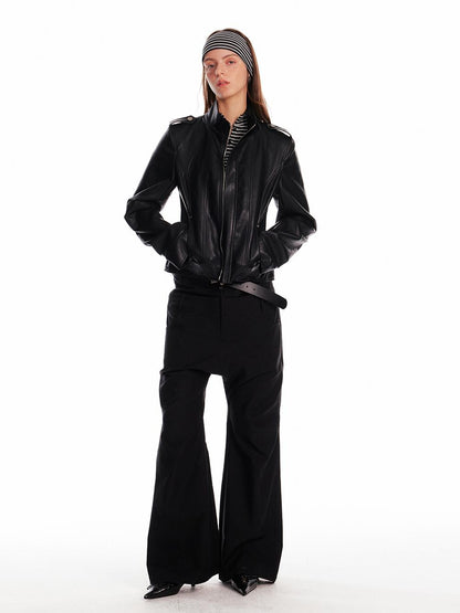 ALINNV Black Studded Stand Collar Slim Fit Pu Women&