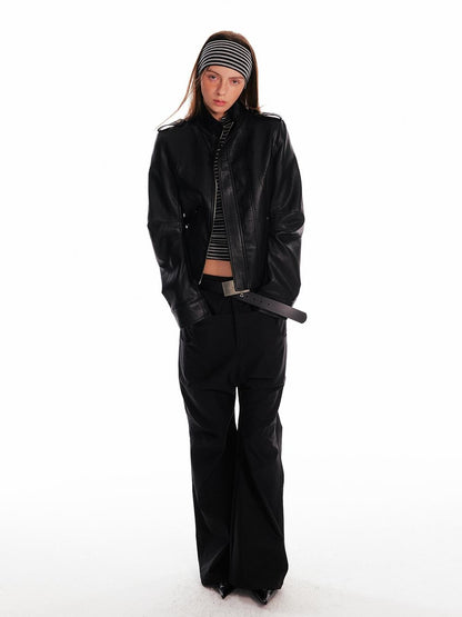 ALINNV Black Studded Stand Collar Slim Fit Pu Women&