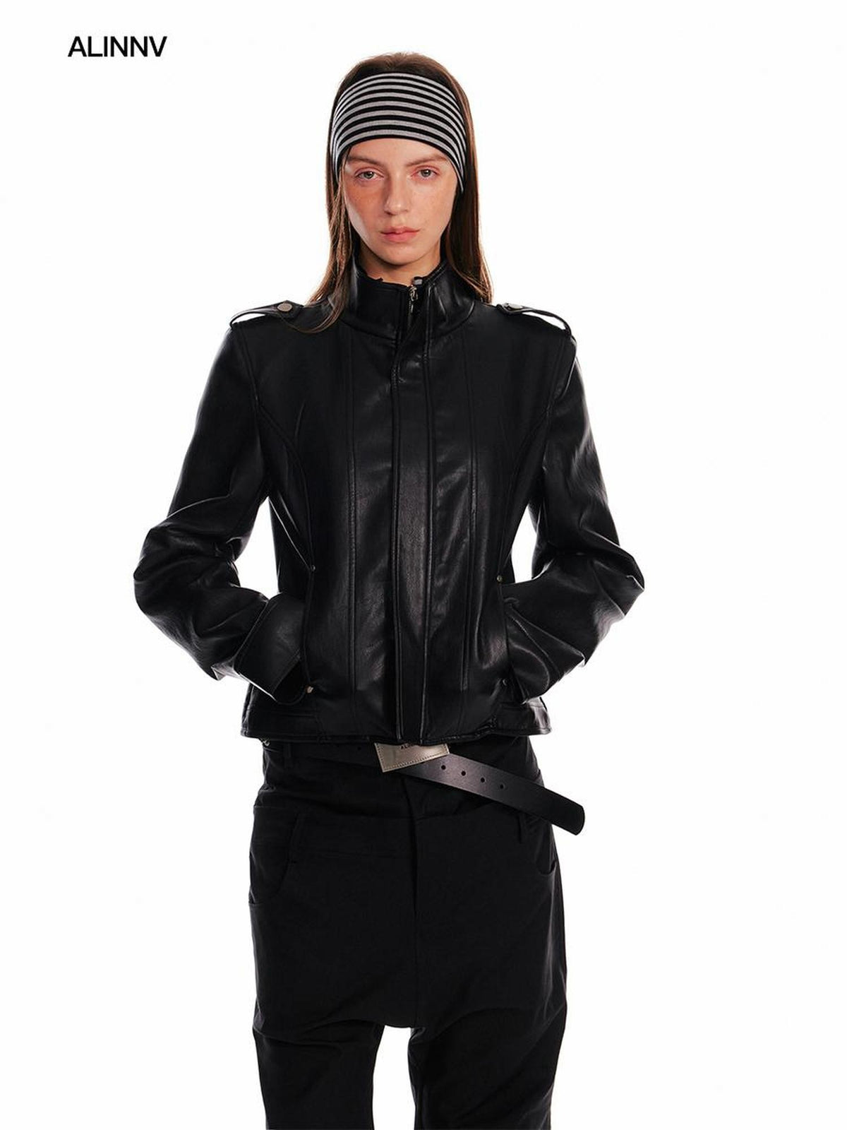 ALINNV Black Studded Stand Collar Slim Fit Pu Women&