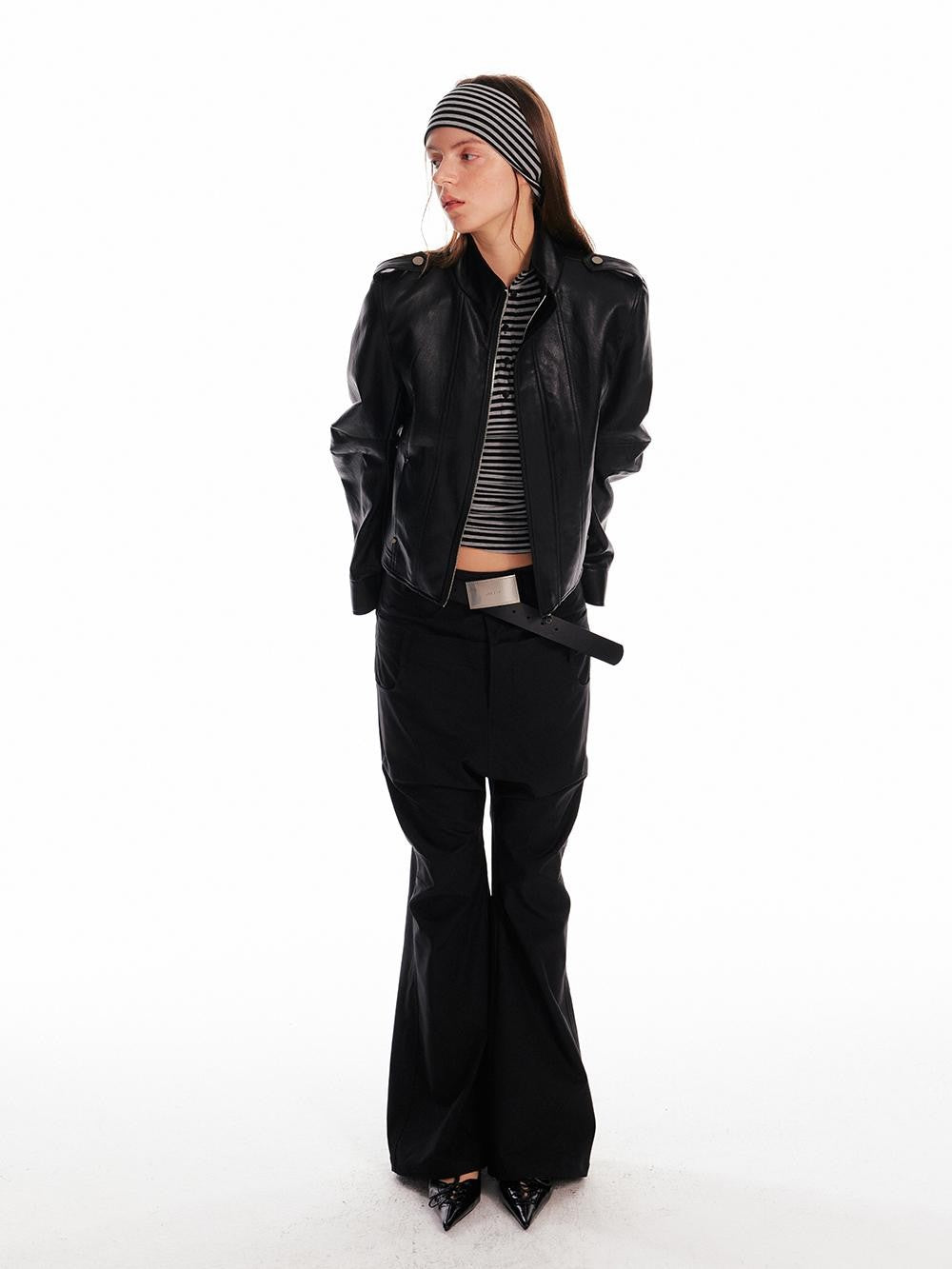 ALINNV Black Studded Stand Collar Slim Fit Pu Women&