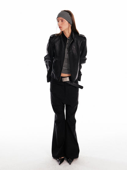 ALINNV Black Studded Stand Collar Slim Fit Pu Women&