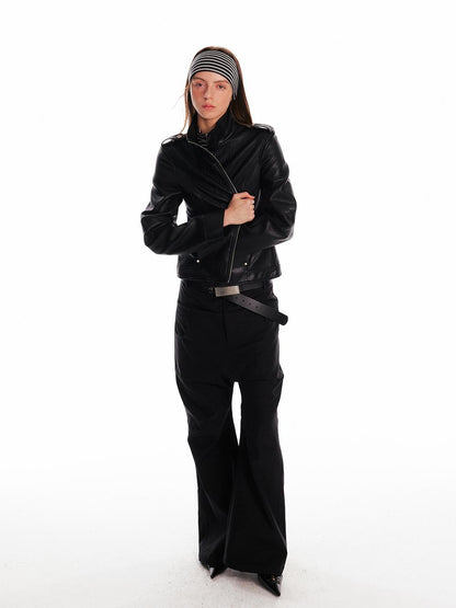 ALINNV Black Studded Stand Collar Slim Fit Pu Women&