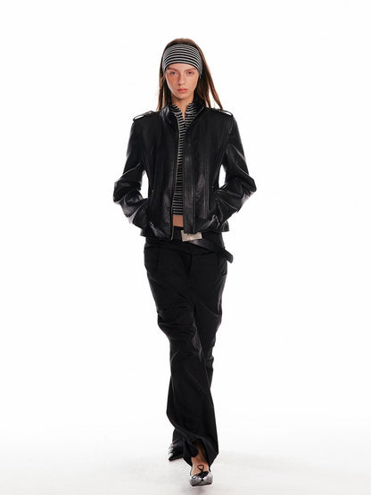 ALINNV Black Studded Stand Collar Slim Fit Pu Women&