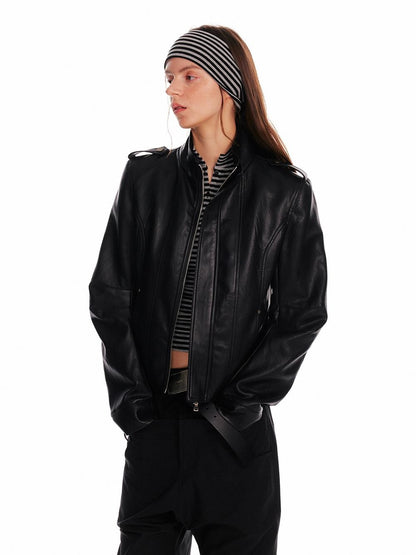 ALINNV Black Studded Stand Collar Slim Fit Pu Women&