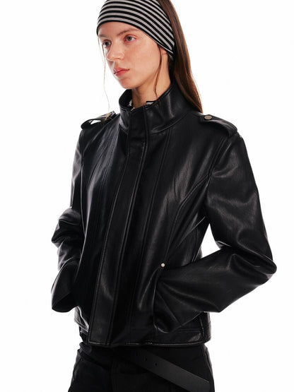 ALINNV Black Studded Stand Collar Slim Fit Pu Women&