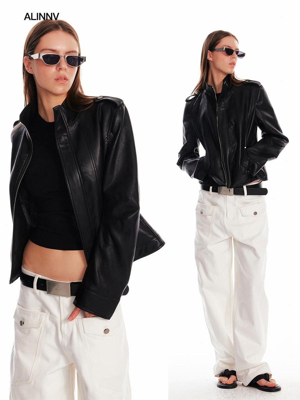 ALINNV Black Studded Stand Collar Slim Fit Pu Women&