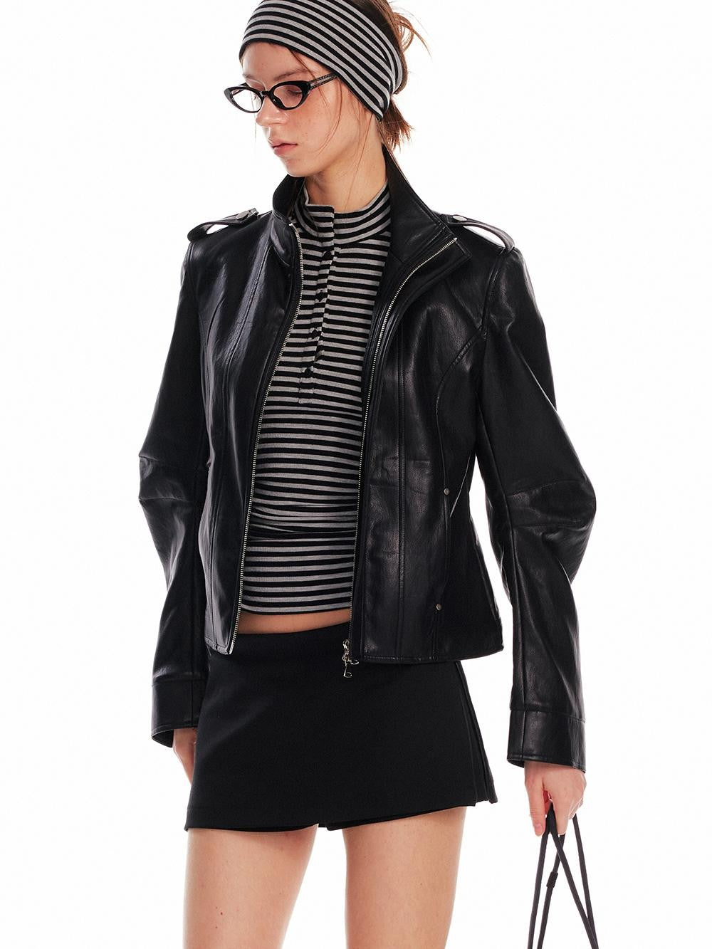 ALINNV Black Studded Stand Collar Slim Fit Pu Women&