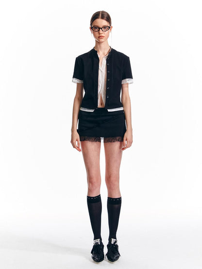 ALINNV Black White Lace Splice Faux Two Piece Women&
