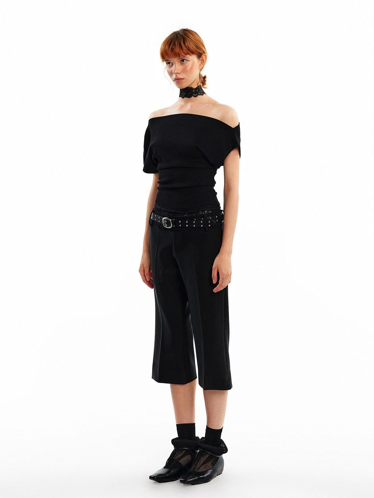 ALINNV Black White Reversible Lace Stretch Cropped Slim Women&