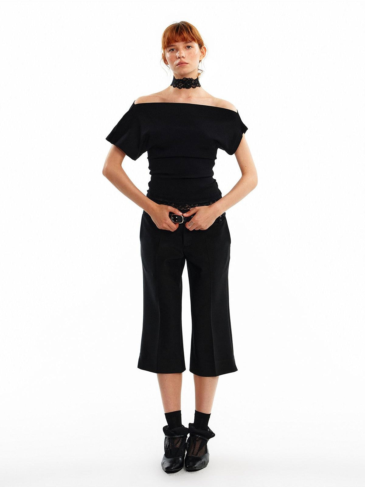 ALINNV Black White Reversible Lace Stretch Cropped Slim Women&