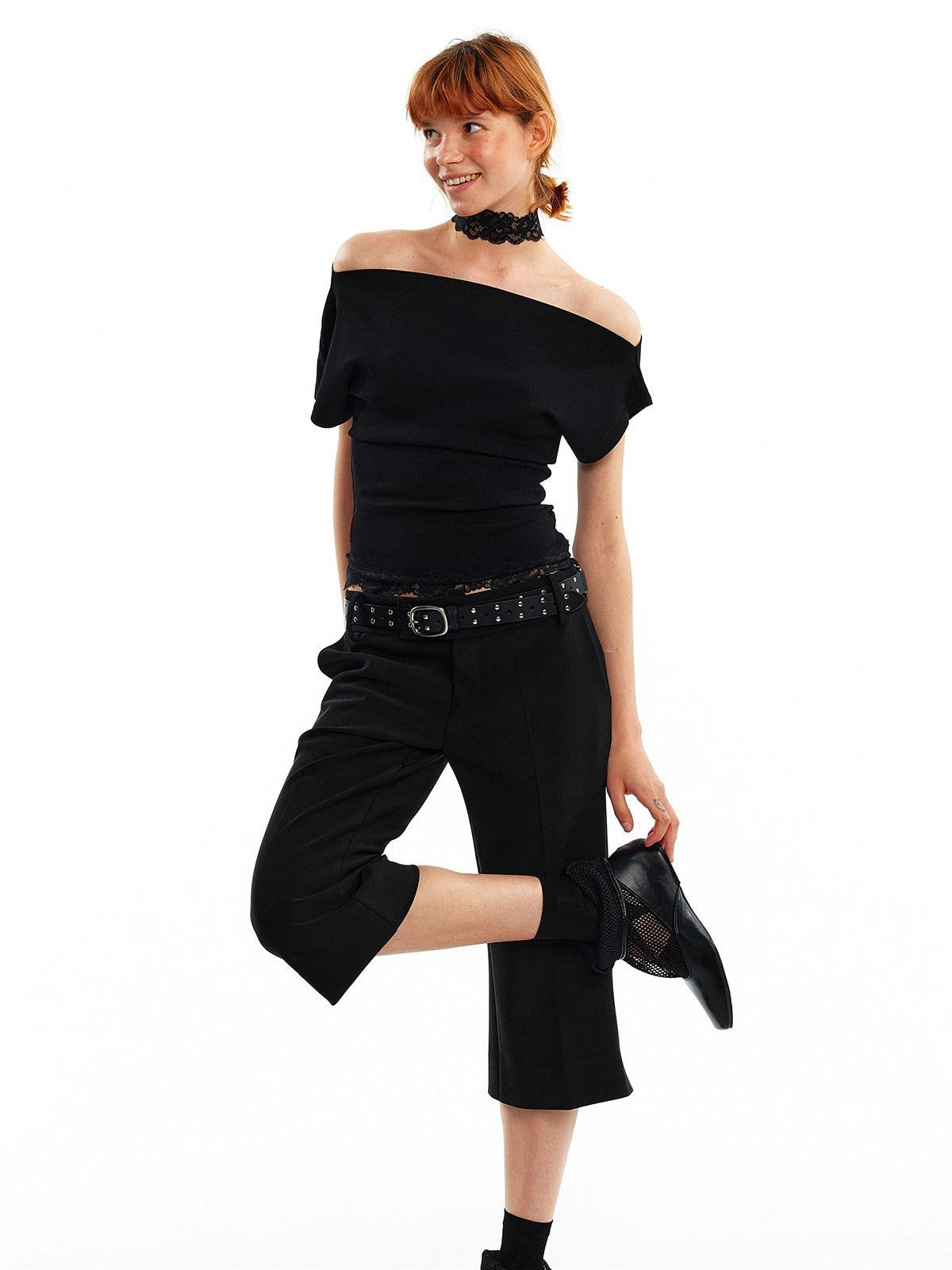 ALINNV Black White Reversible Lace Stretch Cropped Slim Women&