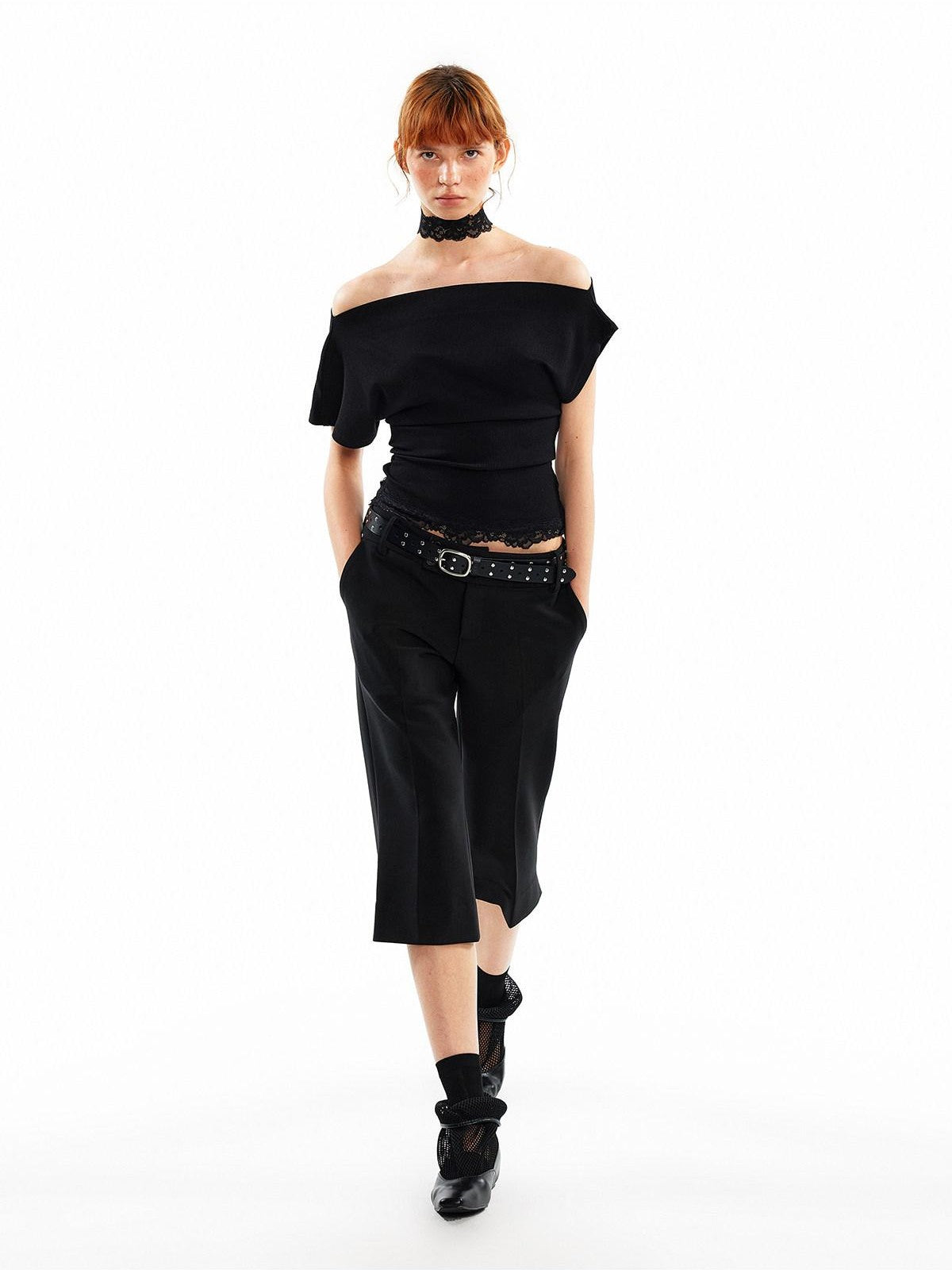 ALINNV Black White Reversible Lace Stretch Cropped Slim Women&