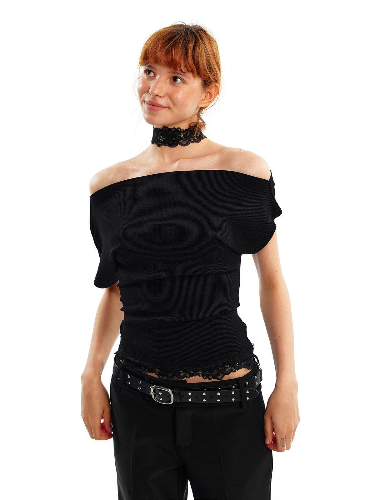 ALINNV Black White Reversible Lace Stretch Cropped Slim Women&