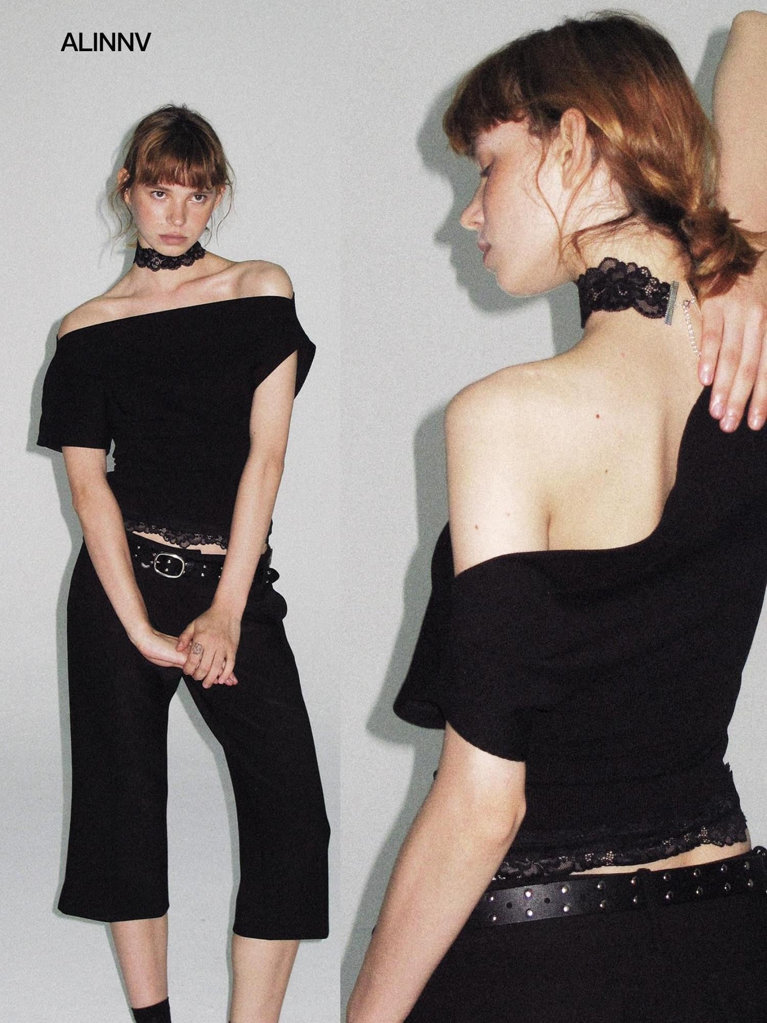 ALINNV Black White Reversible Lace Stretch Cropped Slim Women&