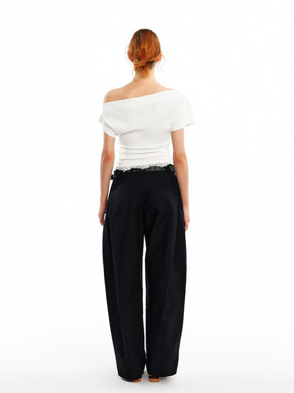 ALINNV Black White Reversible Lace Stretch Cropped Slim Women&
