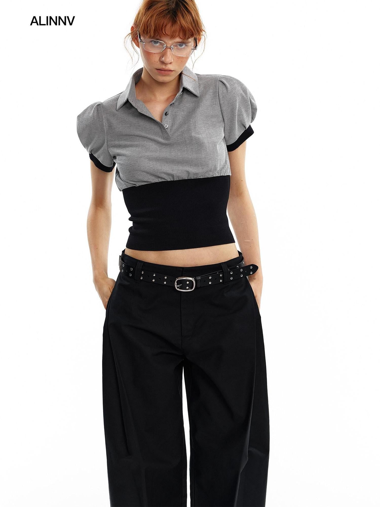 ALINNV Cinched Waist Puff Sleeve Button Polo Collar Women&