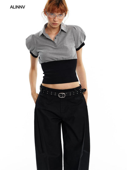 ALINNV Cinched Waist Puff Sleeve Button Polo Collar Women&