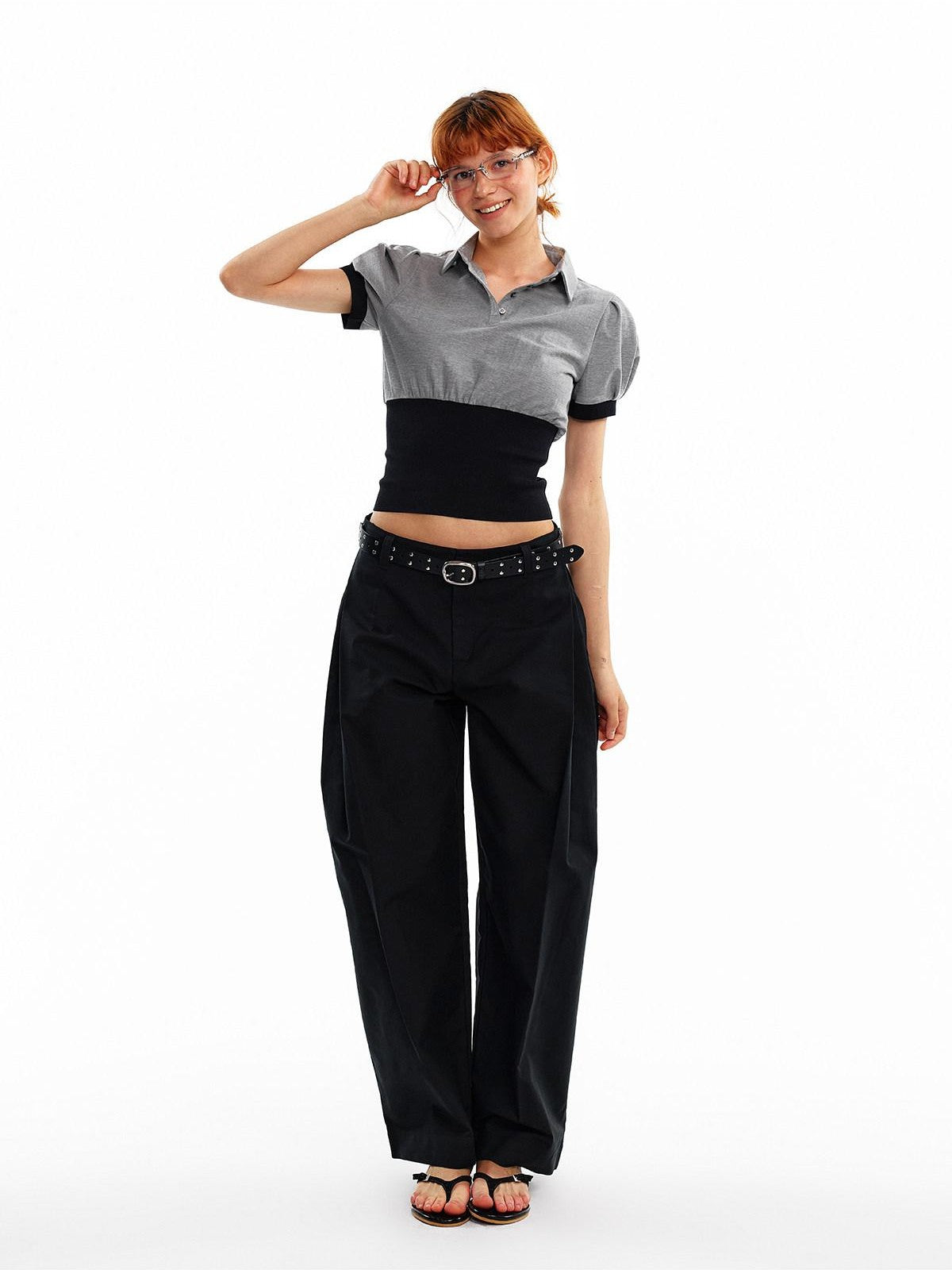 ALINNV Cinched Waist Puff Sleeve Button Polo Collar Women&