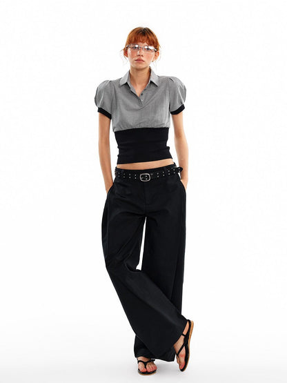 ALINNV Cinched Waist Puff Sleeve Button Polo Collar Women&