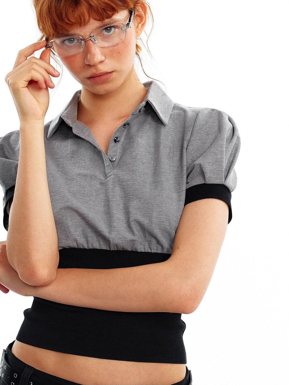 ALINNV Cinched Waist Puff Sleeve Button Polo Collar Women&