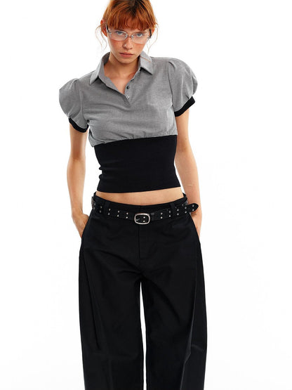 ALINNV Cinched Waist Puff Sleeve Button Polo Collar Women&
