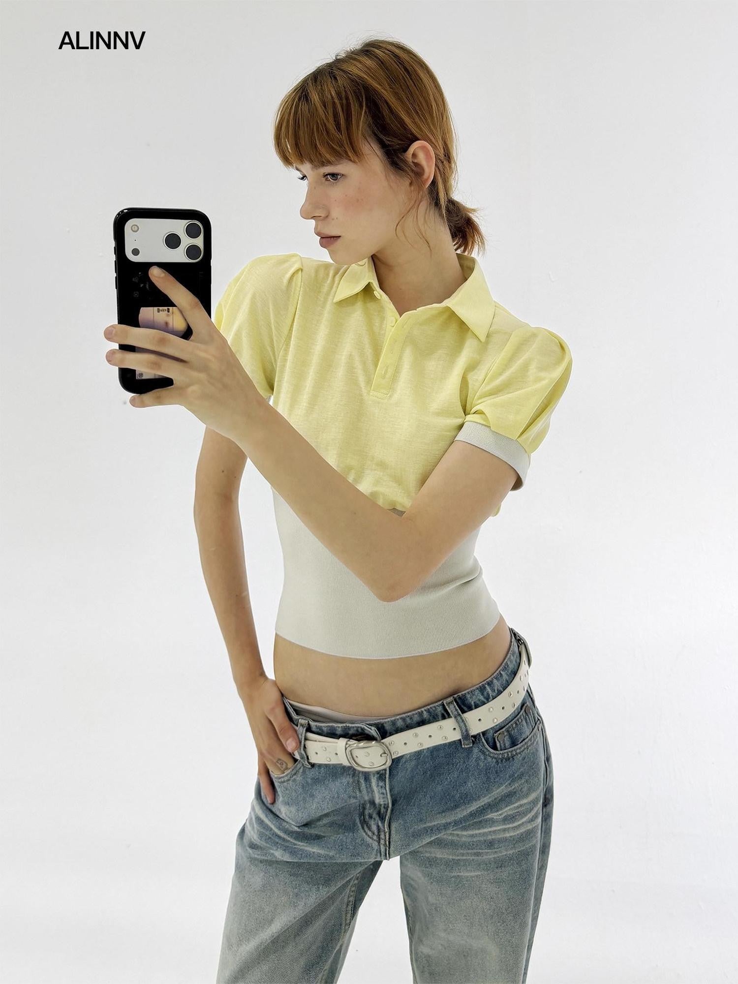 ALINNV Cinched Waist Puff Sleeve Button Polo Collar Women&