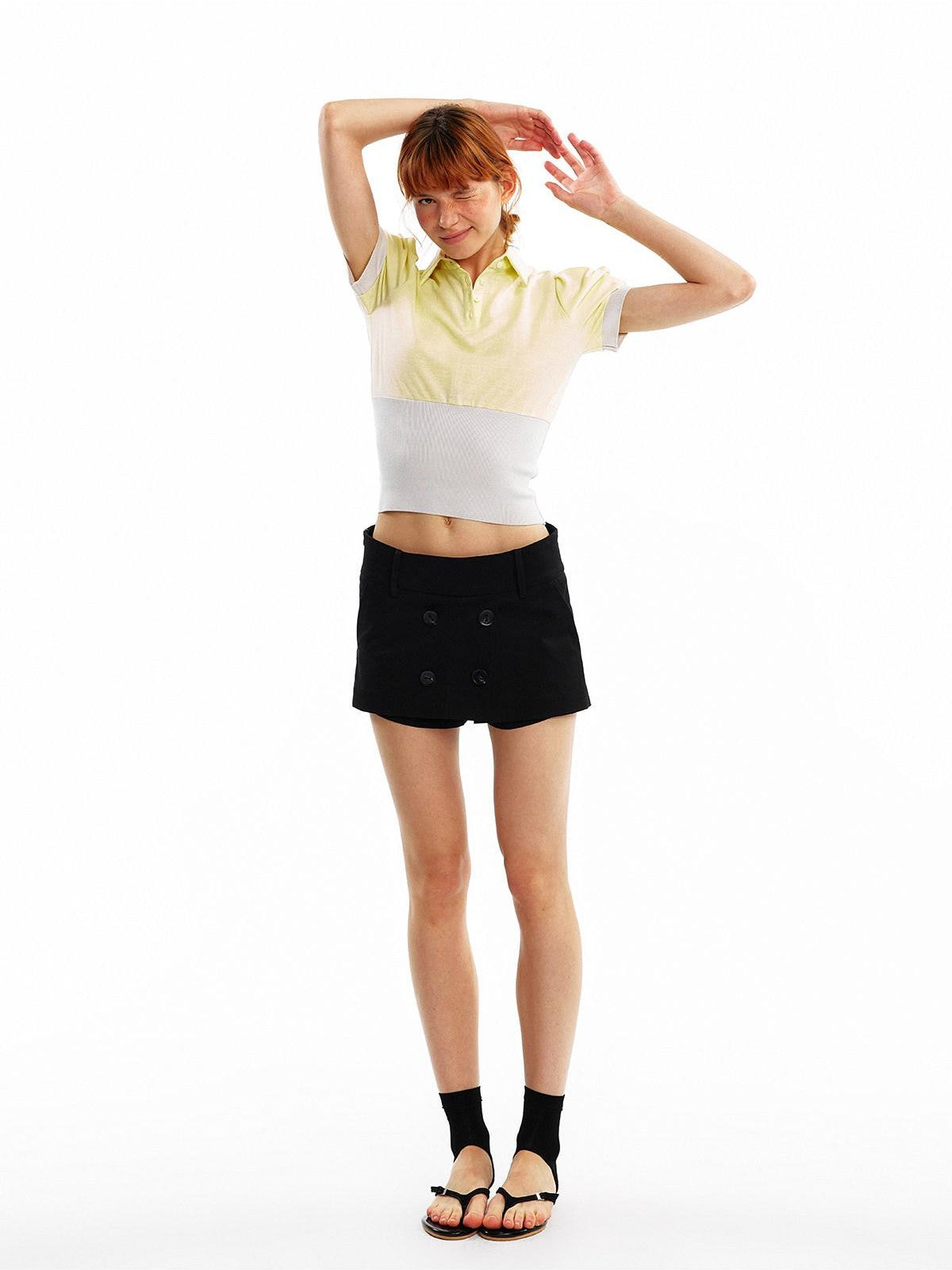 ALINNV Cinched Waist Puff Sleeve Button Polo Collar Women&