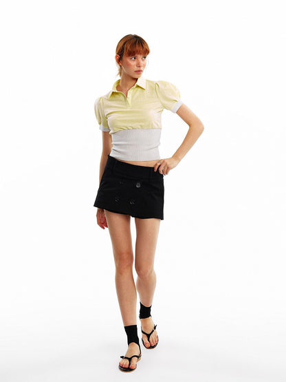 ALINNV Cinched Waist Puff Sleeve Button Polo Collar Women&