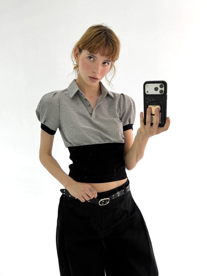 ALINNV Cinched Waist Puff Sleeve Button Polo Collar Women&