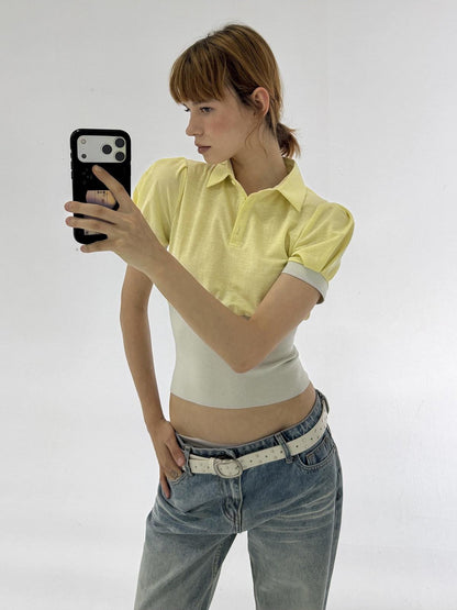 ALINNV Cinched Waist Puff Sleeve Button Polo Collar Women&