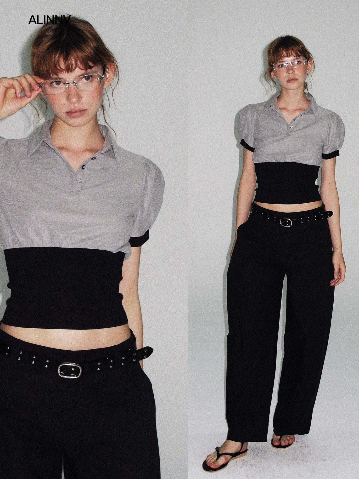 ALINNV Cinched Waist Puff Sleeve Button Polo Collar Women&