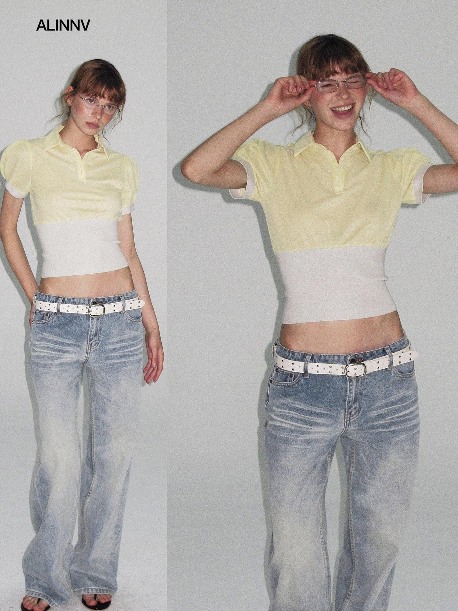 ALINNV Cinched Waist Puff Sleeve Button Polo Collar Women&