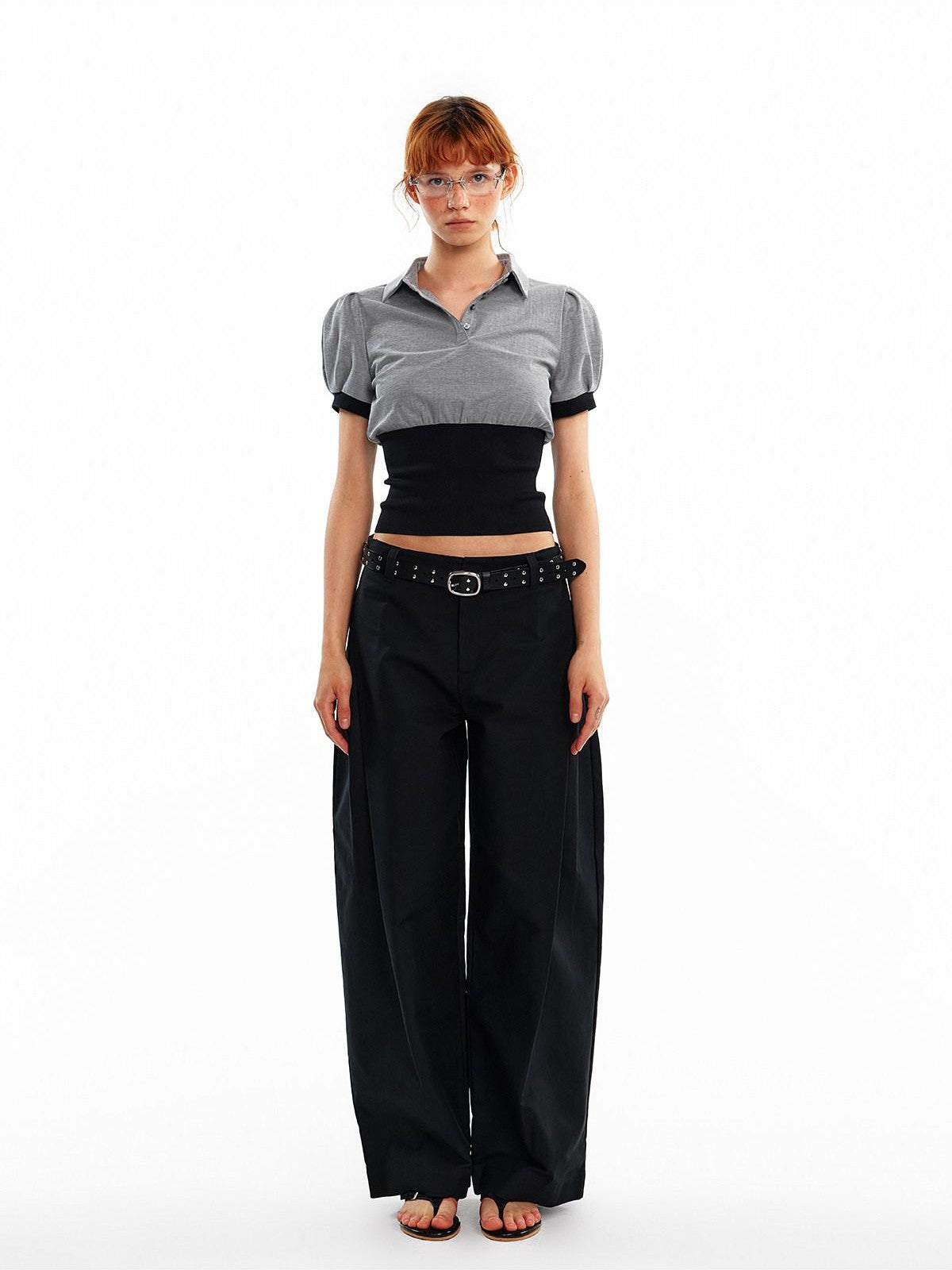 ALINNV Cinched Waist Puff Sleeve Button Polo Collar Women&