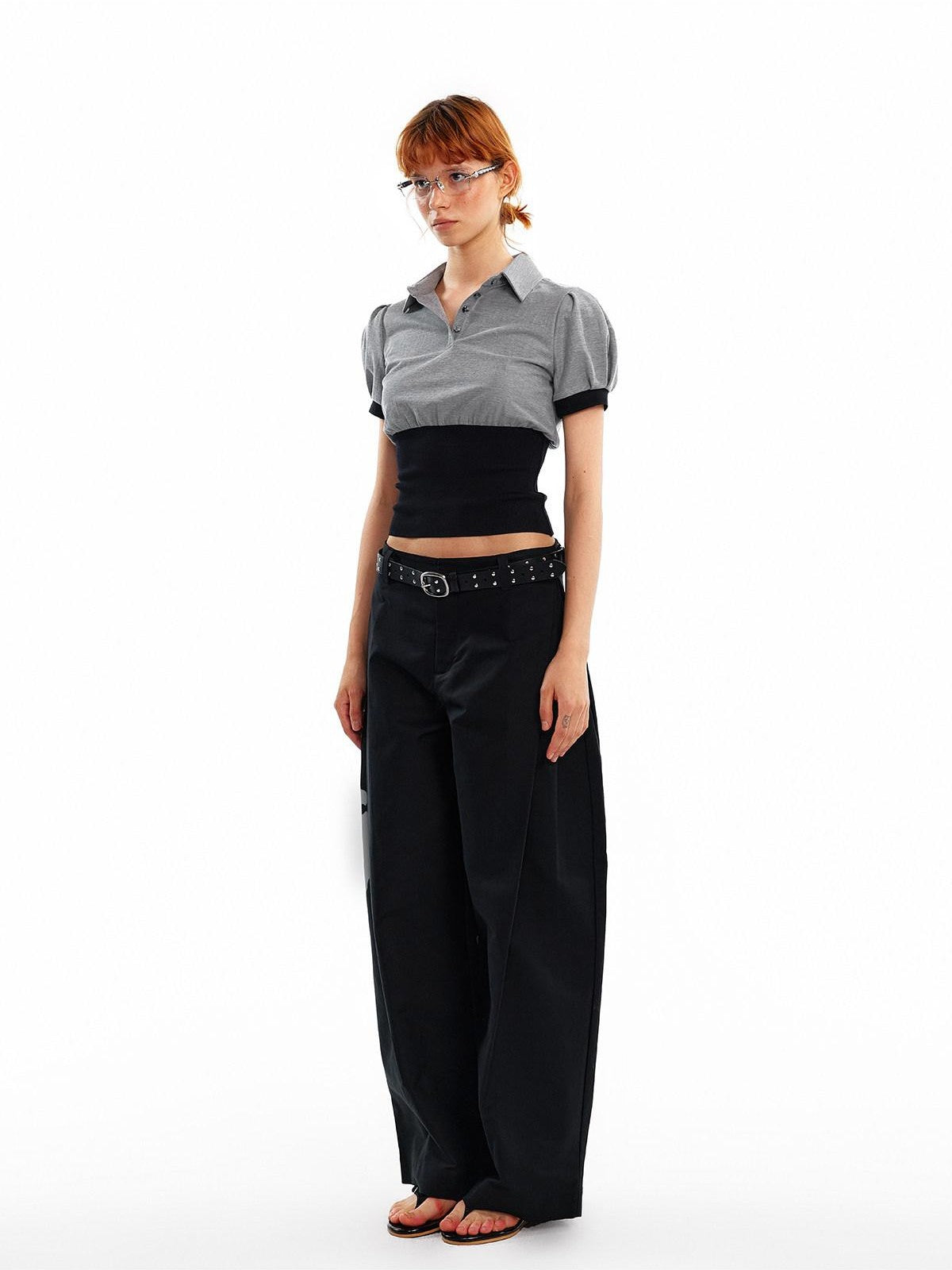 ALINNV Cinched Waist Puff Sleeve Button Polo Collar Women&