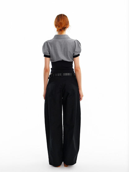 ALINNV Cinched Waist Puff Sleeve Button Polo Collar Women&
