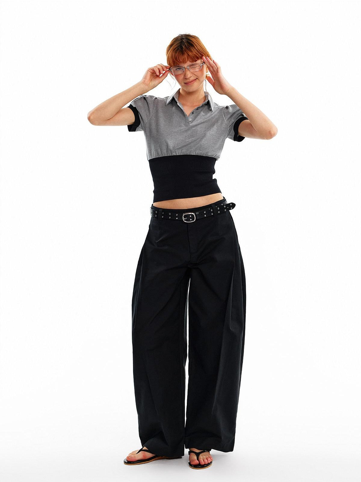 ALINNV Cinched Waist Puff Sleeve Button Polo Collar Women&