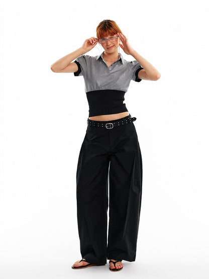 ALINNV Cinched Waist Puff Sleeve Button Polo Collar Women&