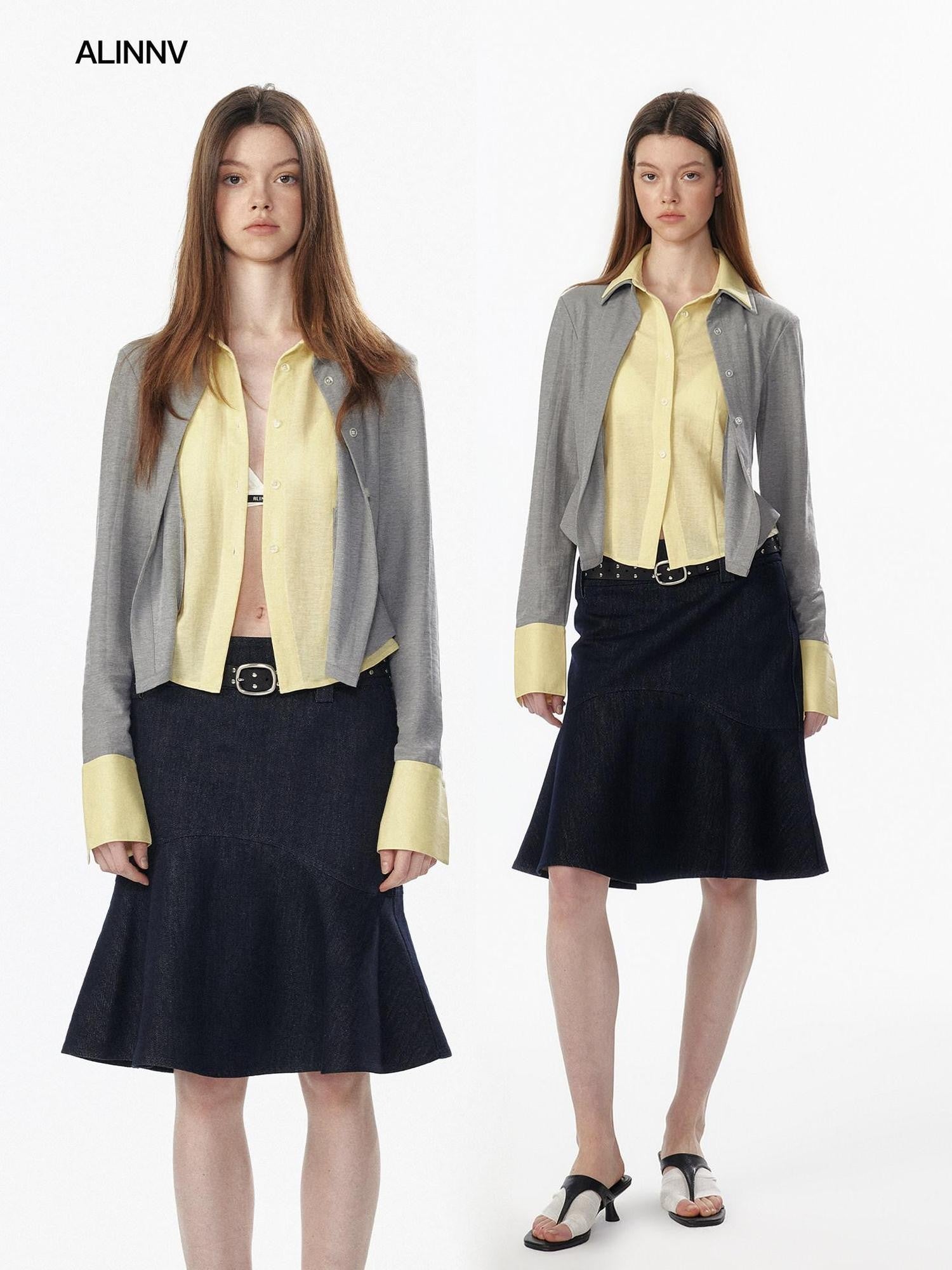 ALINNV Colorblock Faux Layered Cinched Waist Women&